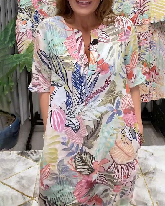 Kleid Kurzärmlig V-Ausschnitt Bedruckt