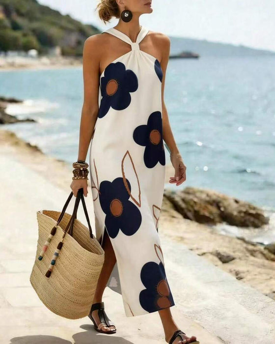 Kleid Kreuz Halter Blumig Schlitz Maxi