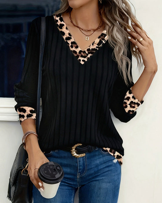 Oberteil Langarm V-Ausschnitt Leopard Patchwork