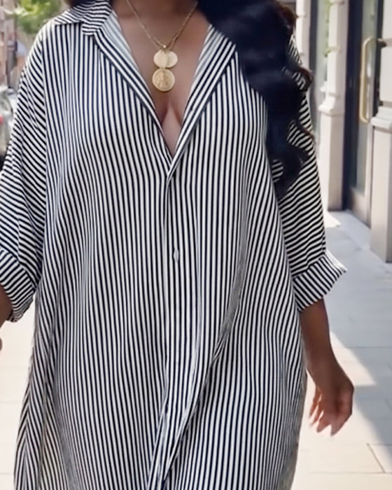 Kleid Langarm Revers Locker Gestreift Hemd