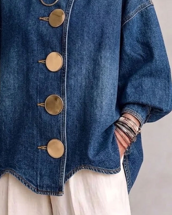 Mantel Revers Geknöpft Puff Ärmel Denim