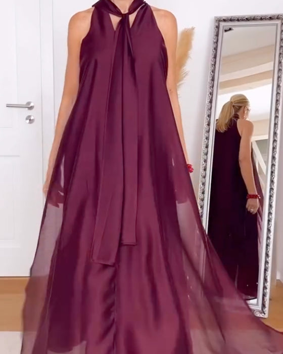 Kleid Halsschnitt Maxi Rock Unifarben Leicht Chiffon