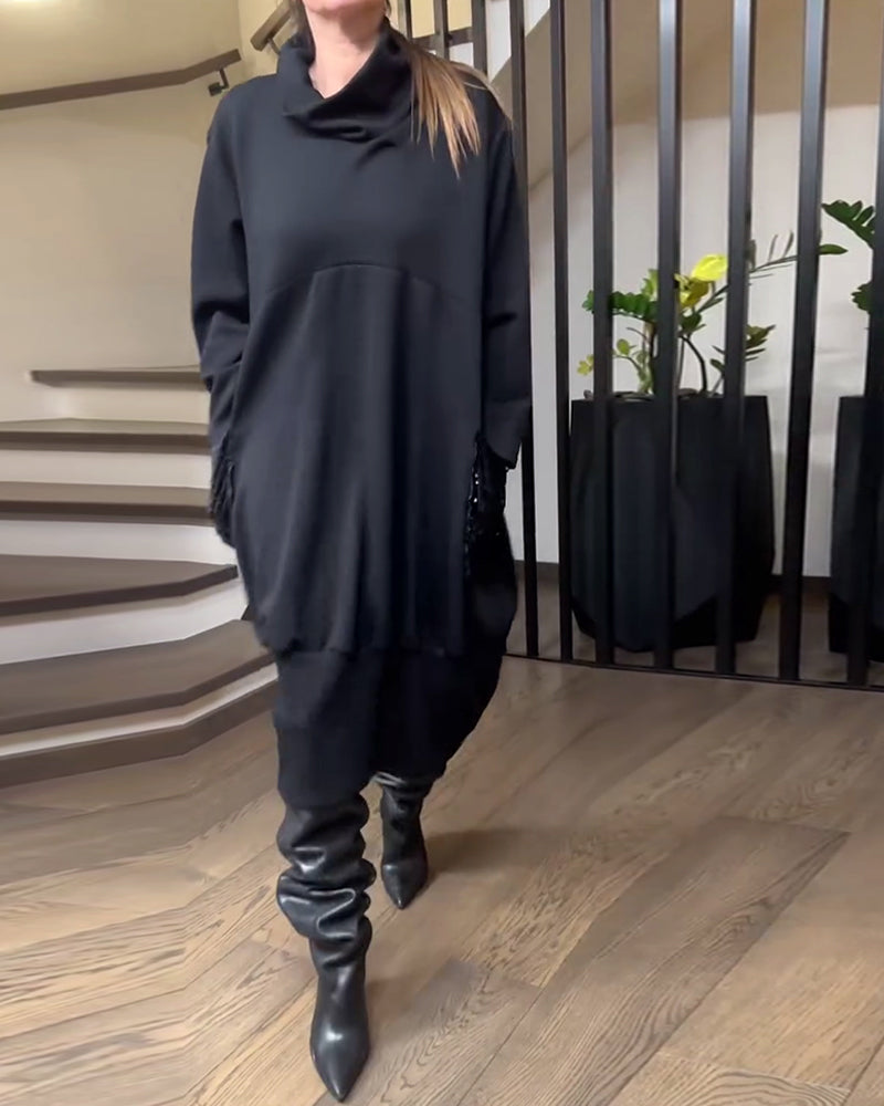 Sweatshirtkleid Hoher Kragen Plus Größe Glitzernd Tasche