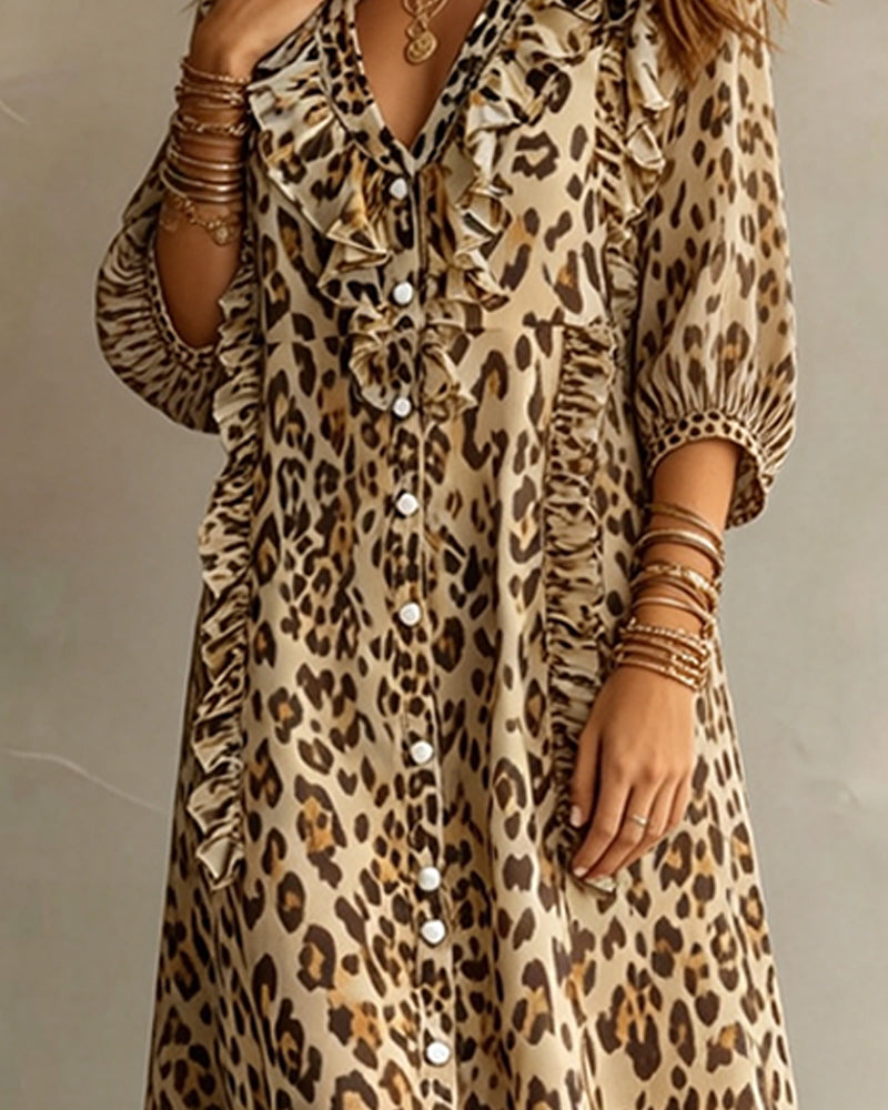 Kleid Leopardenmuster Rüschensaum Maxi