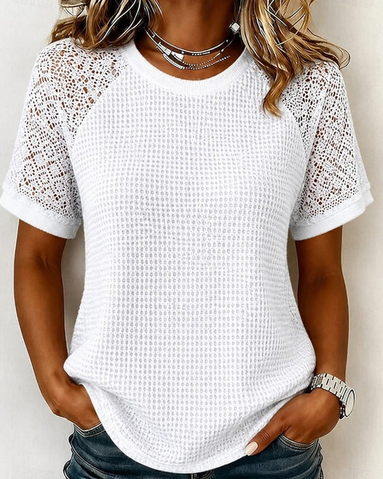 T-Shirts Rundhals Waffel Spitze Patchwork