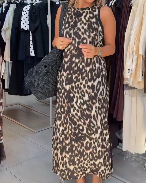 Kleid Rundhals Leopardenmuster Ärmellos Maxi