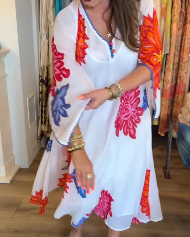 Kleid Bunt Großes Blumenmuster Locker Lang