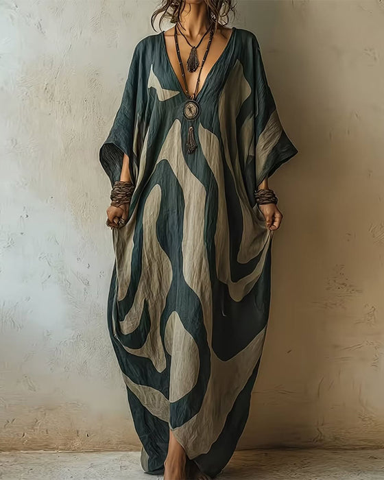 Kleid Tiefes V Abstraktes Wellen Print