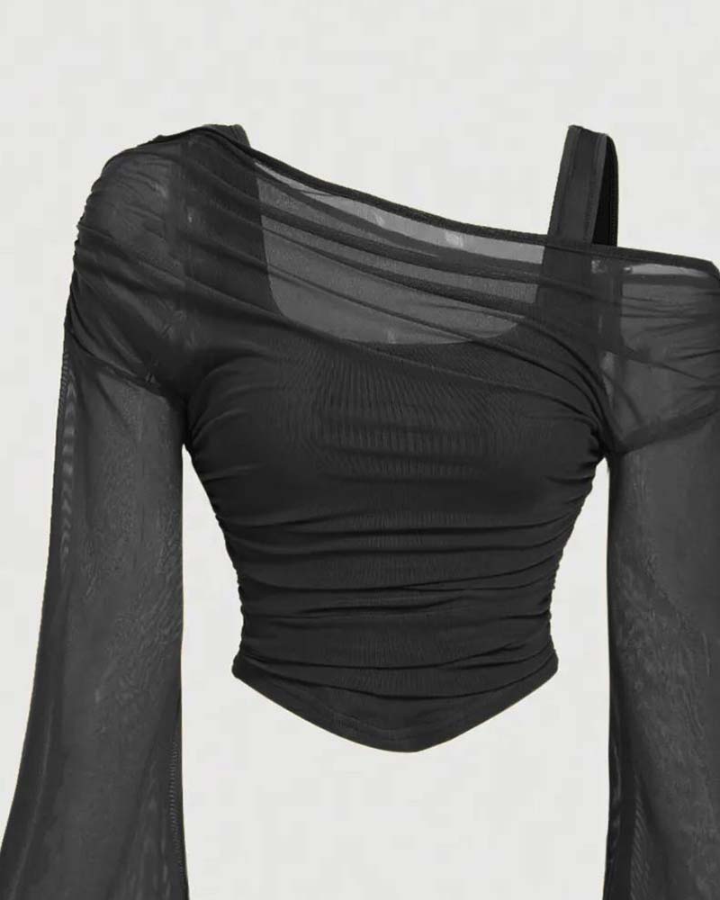 Bluse Netz Rüsche Langarm Cami