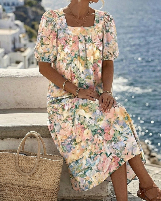 Kleid Bedruckt Quadratischer Ausschnitt Puffärmel