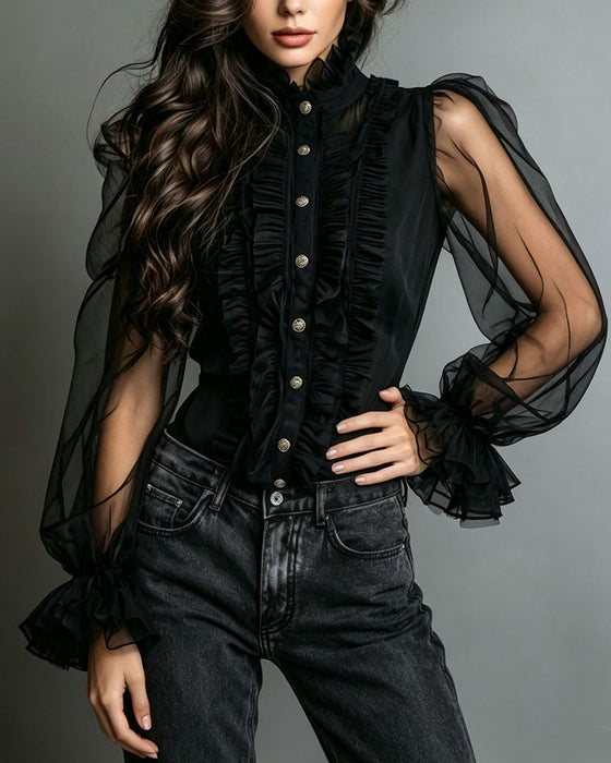 Bluse Knopf Rüsche Trendy