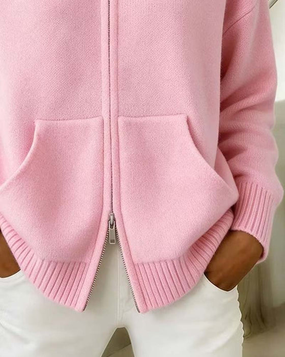 Strickjacke Revers Reißverschluss Einfarbig