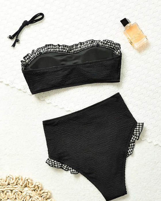 Bikini Karo Rüsche Trägerlos