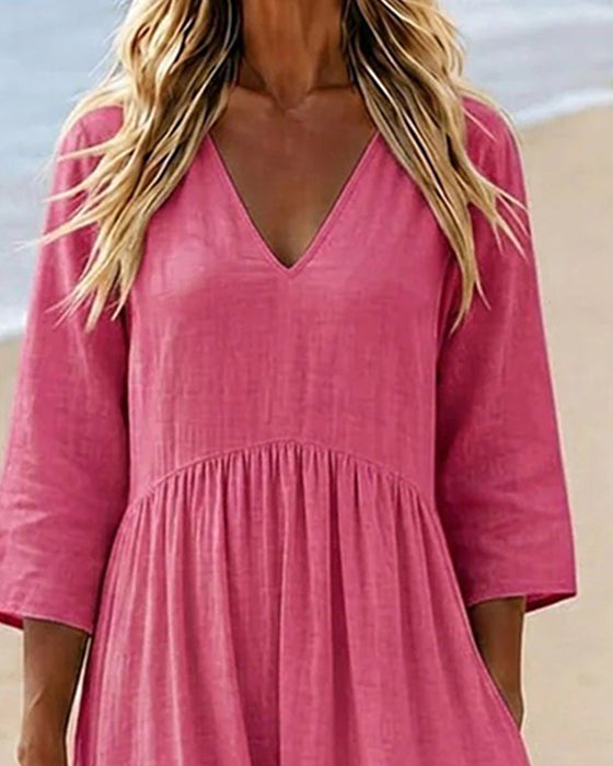 Kleid V-Ausschnitt 3/4-Arm Einfarbig Lang
