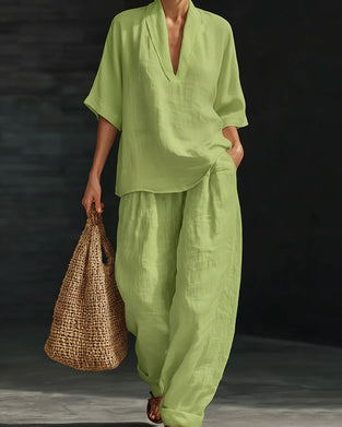 Set V-Ausschnitt Kurz Ärmel Baumwolle Leinen