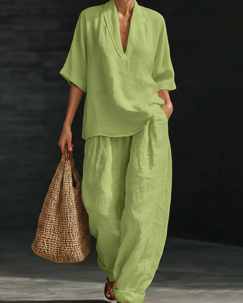 Set V-Ausschnitt Kurz Ärmel Baumwolle Leinen