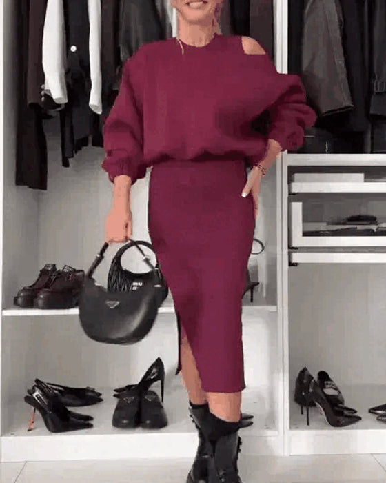 Damen-Set mit schräger Schulter-Sweatshirt und ärmellosem Kleid