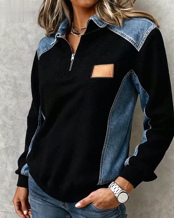 Oberteil Reißverschluss Denim Patchwork Revers