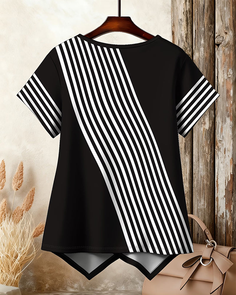 T-Shirt Diagonaler Streifen Patchwork Rundhals