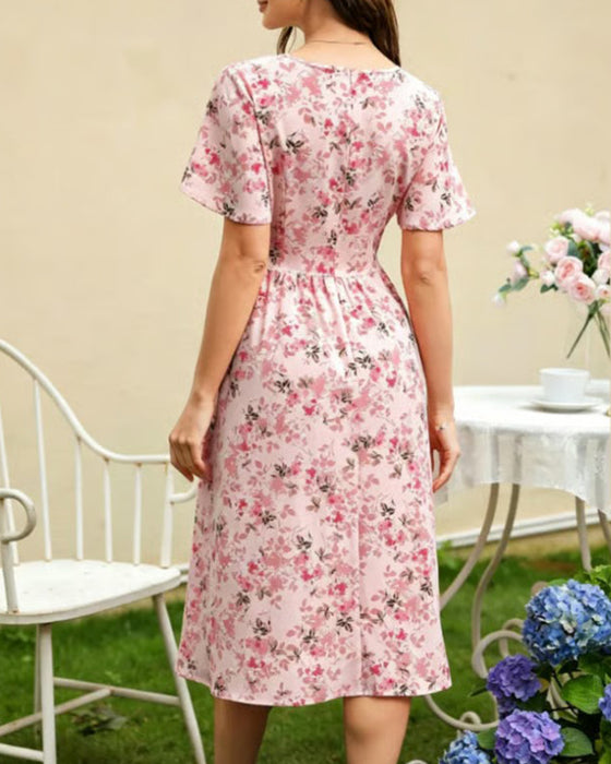 Kleid V-Ausschnitt Blumen A-Linie