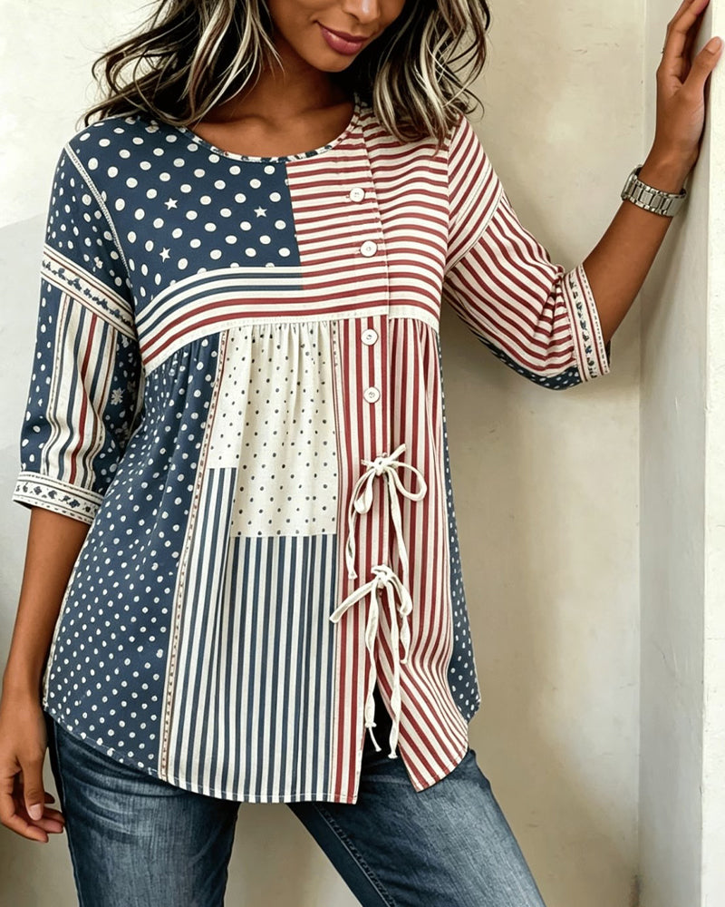 Bluse Flagge Druck Patchwork Krawatte
