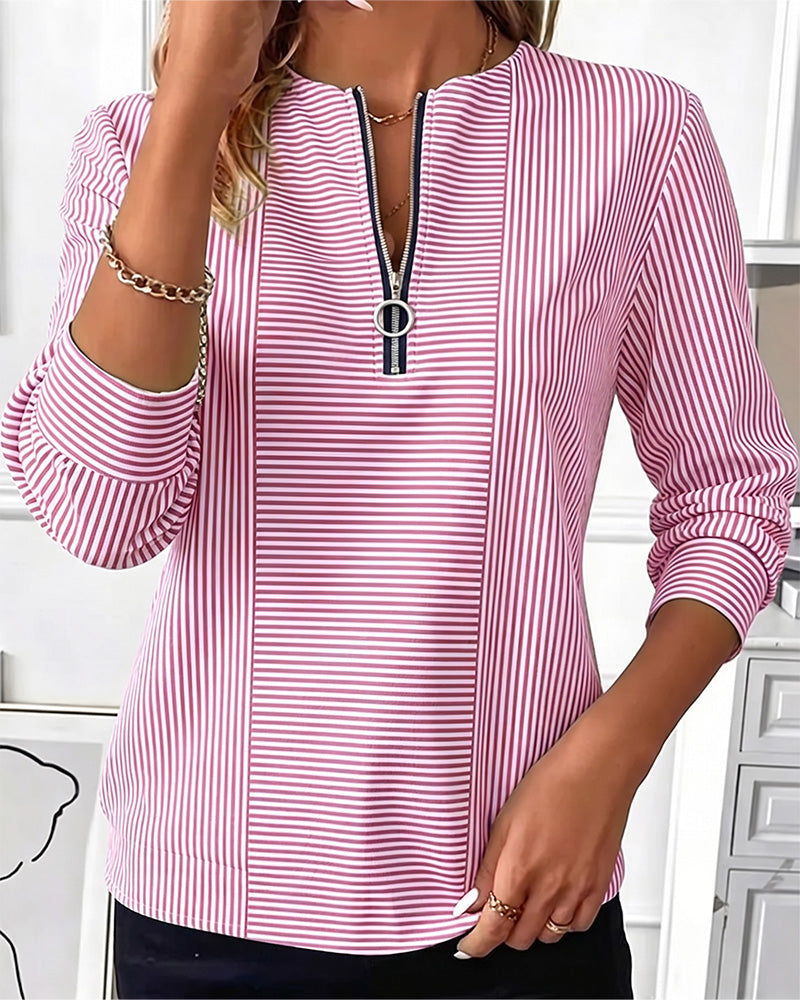 Bluse Gestreift Patchwork Reißverschluss Hoch