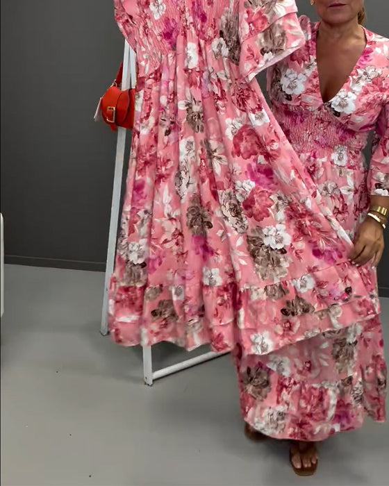 Kleid Tief V Doppelte Schicht Rüsche Blumig