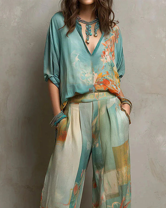 Set V-Ausschnitt Blumige Bluse + Gerade Bein Hosen