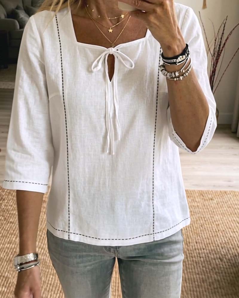 Bluse Quadratischer Ausschnitt Bindung Hollow Out