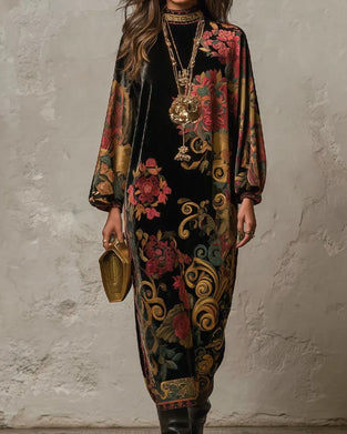 Kleid Mock-Neck Floral Velvet Langarm Maxi