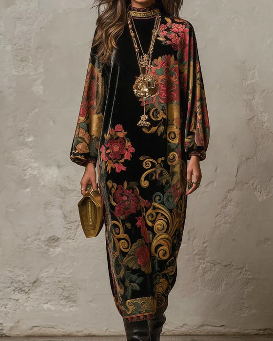Kleid Mock-Neck Floral Velvet Langarm Maxi