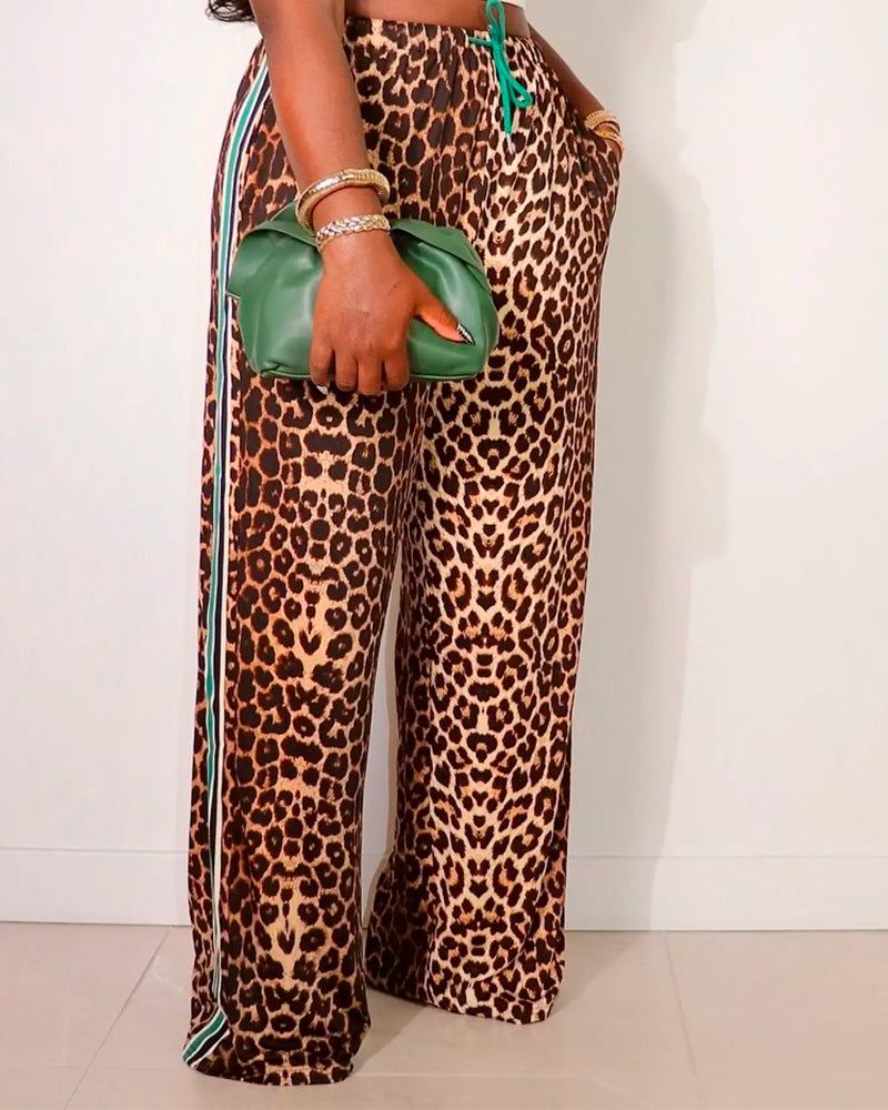 Hose Colorblock Leopardenmuster Kordelzug gerade geschnitten