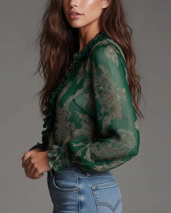 Bluse Halb-Reißverschluss Rüsche Retro