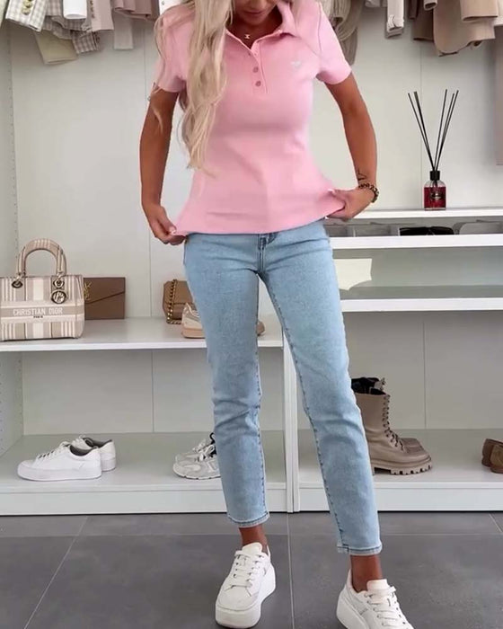T-Shirt Revers Poloshirt Einfarbig Slim Fit