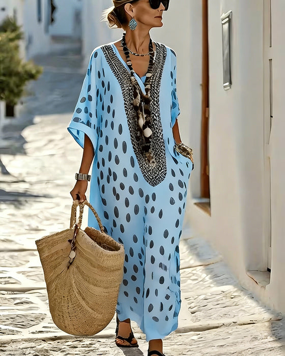 Kleid V-Ausschnitt Gepunktet Resort Druck