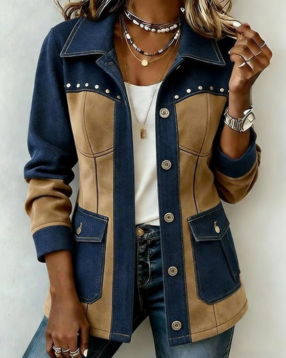 Mantel Mit Kapuze Reißverschluss Tasche Denim Panel