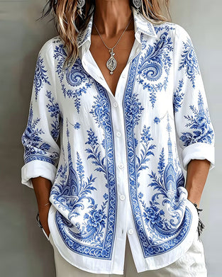 Hemd Blau Porzellan Druck Revers