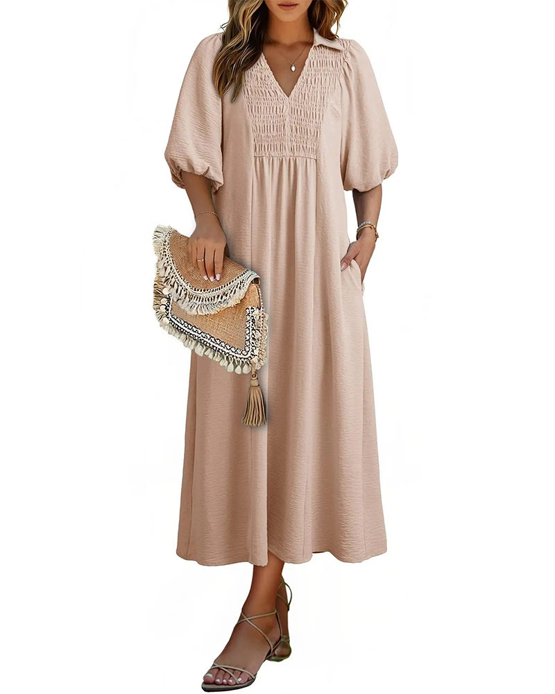 Kleid V-Ausschnitt Klappe Puff Ärmel Maxi