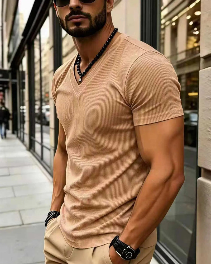 T-Shirt V-Ausschnitt Gerippt Uni Farbe Herren
