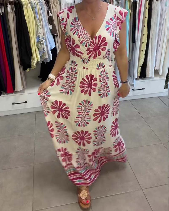 Kleid Blumen Taille-Zug Flatter-Ärmel Urlaub Maxi