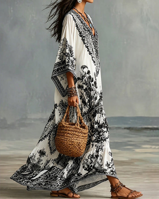 Kleid V-Ausschnitt Bohemian Ausgestellt Asymmetrisch