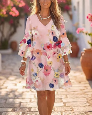 Kleid Aquarelldruck Schirmärmel Kurz