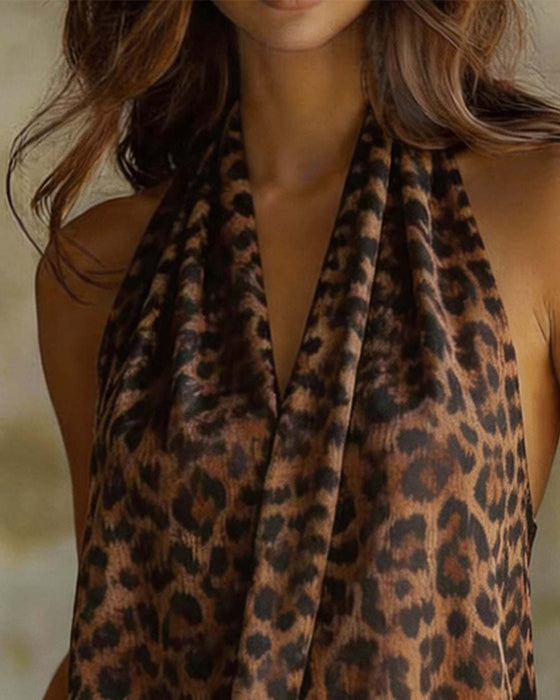 Bluse V-Ausschnitt Halter Leopard Ärmellos