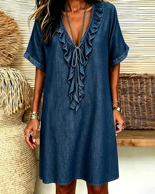 Kleid V-Ausschnitt Denim Rüsche