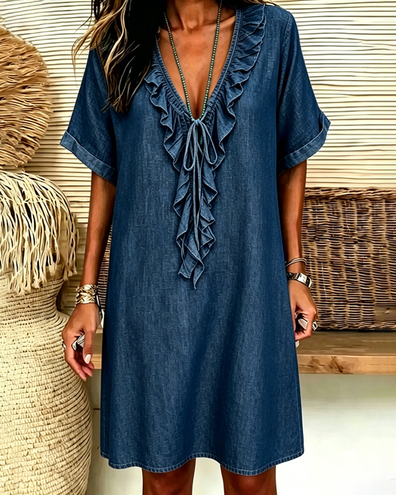 Kleid V-Ausschnitt Denim Rüsche
