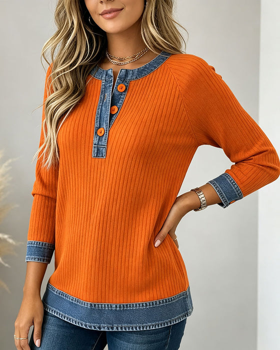 Oberteil Knöpfe Rundhals Armausschnitt Denim Patchwork