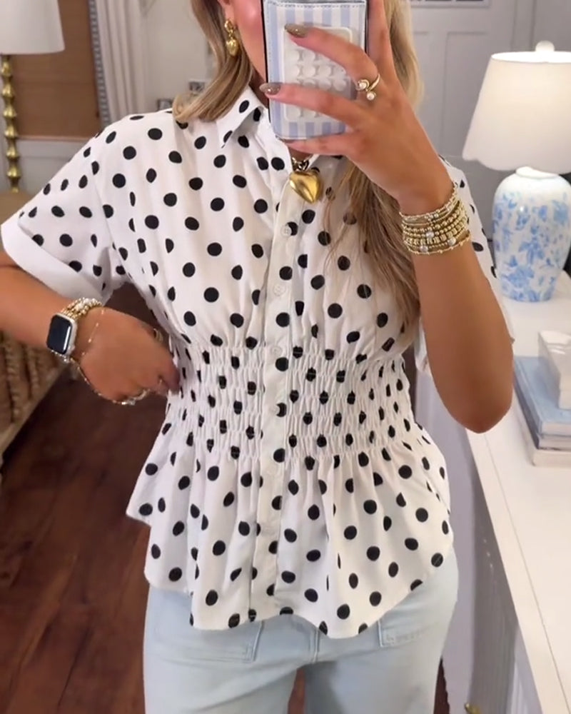 Bluse Reverskragen Polka Punkt Geraffte Taille