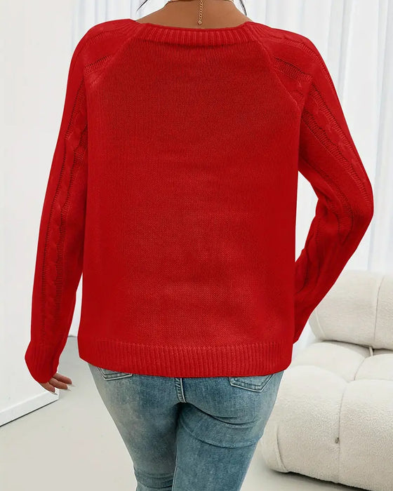 Pullover Uni Raglanärmel Schnalle Zopfmuster