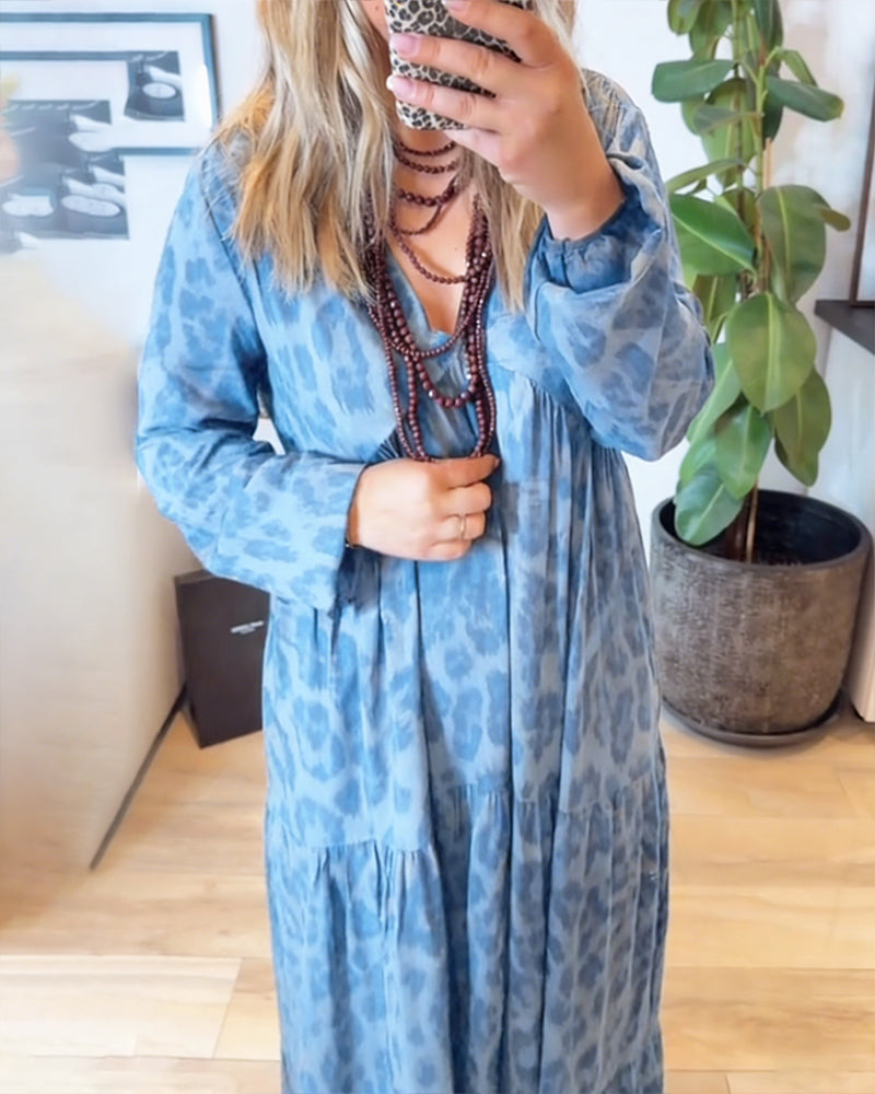 Kleid V-Ausschnitt Leopardenmuster Mode Maxi