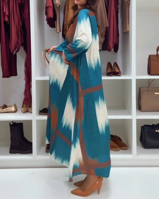 Modisches bedrucktes Kleid mit Rundhalsausschnitt und langen Ärmeln